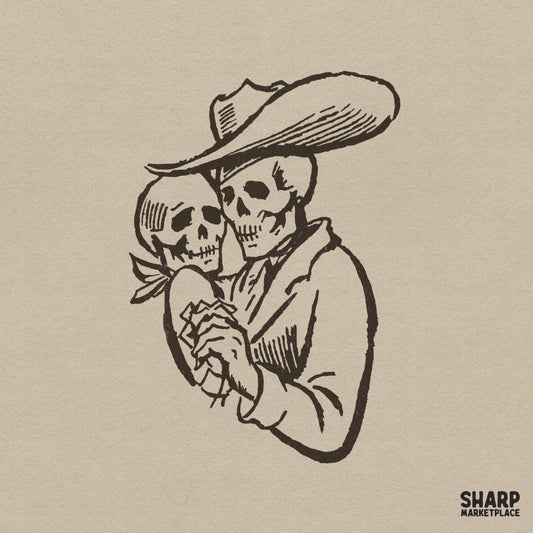 Vintage western line art illustration of two skeletons embracing, featuring a cowboy in a wide-brimmed hat, perfect for gothic apparel.
