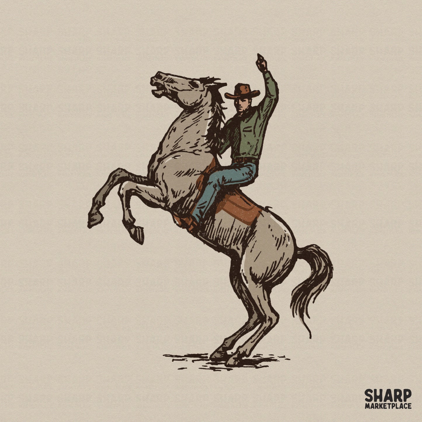 Vintage sketch of a rodeo cowboy in a green shirt riding a bucking grey horse, perfect for western-themed apparel and sublimation projects.