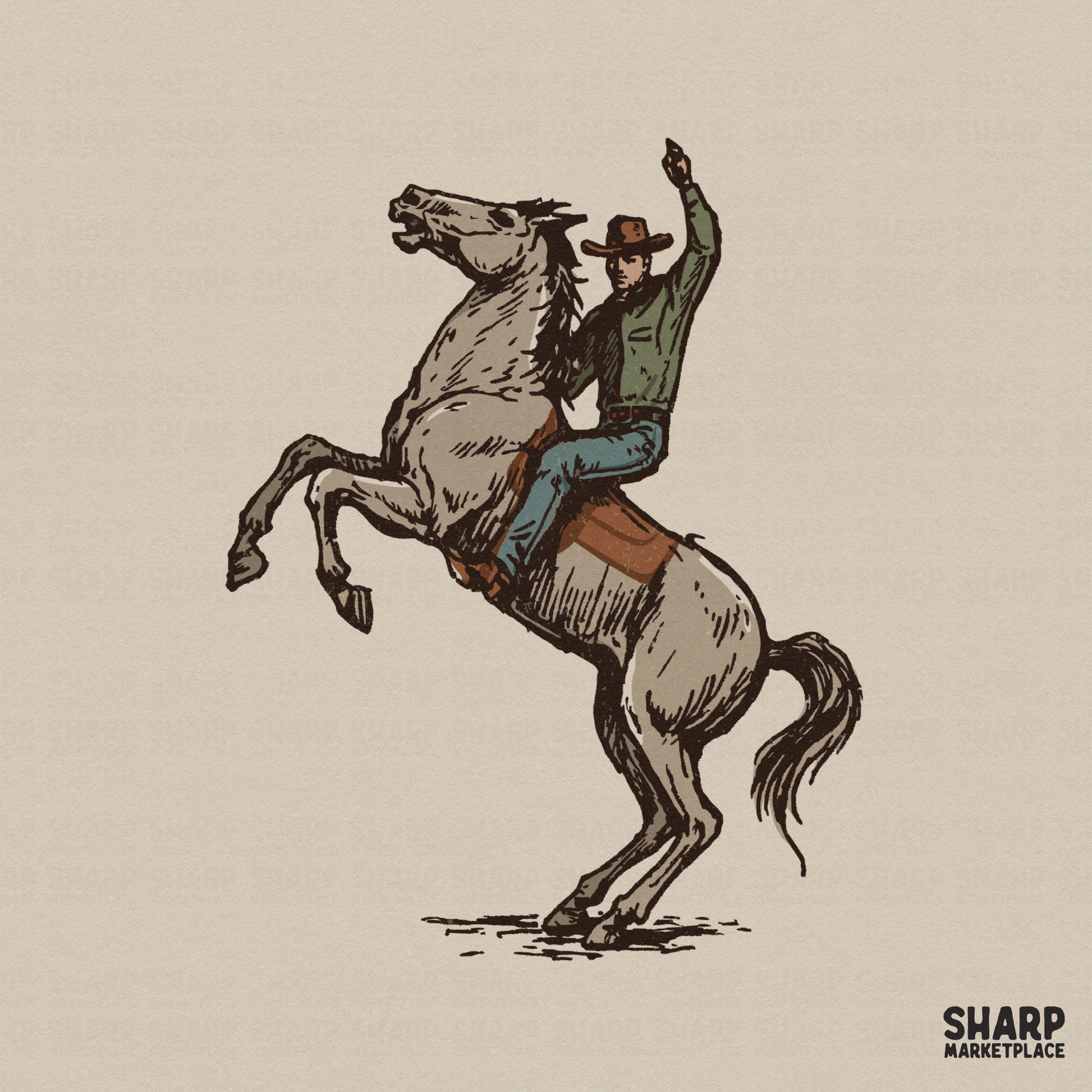 Vintage sketch of a rodeo cowboy in a green shirt riding a bucking grey horse, perfect for western-themed apparel and sublimation projects.