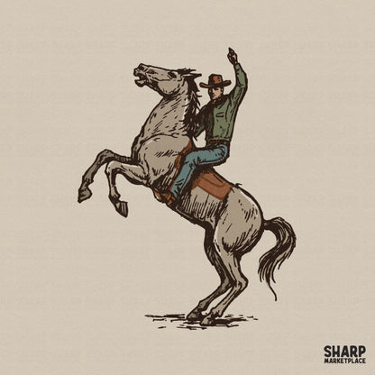 Vintage sketch of a rodeo cowboy in a green shirt riding a bucking grey horse, perfect for western-themed apparel and sublimation projects.