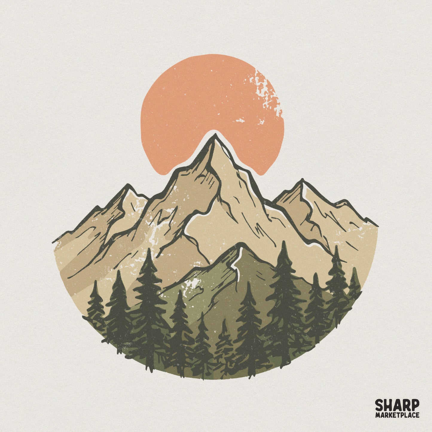 Vintage mountain adventure PNG featuring a circular landscape with a textured coral sun, tan mountain peaks, and forest green pine trees for apparel.