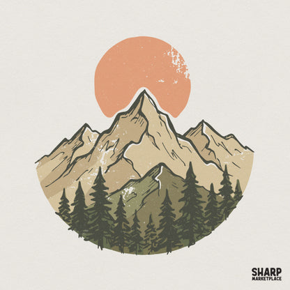 Vintage mountain adventure PNG featuring a circular landscape with a textured coral sun, tan mountain peaks, and forest green pine trees for apparel.