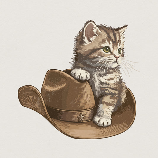 Cowboy Cat PNG, Cute Kitten in Cowboy Hat - 300 DPI Design for T-Shirt