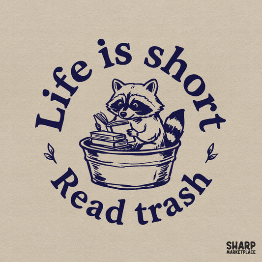 Vintage navy blue monochromatic design featuring a raccoon reading a book inside a trash bin with the text Life is short Read trash in a circular layout.