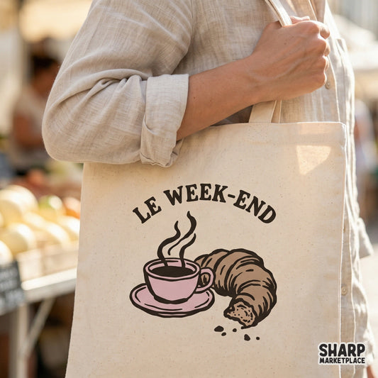 Le Week-End coffee croissant graphic PNG for trendy retro Parisian brunch shirts and aesthetic cafe lover apparel design
