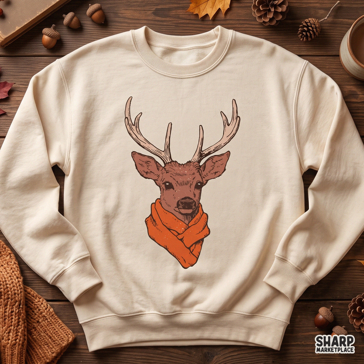 Whimsical Buck With Knitted Scarf in Antlers Fall PNG