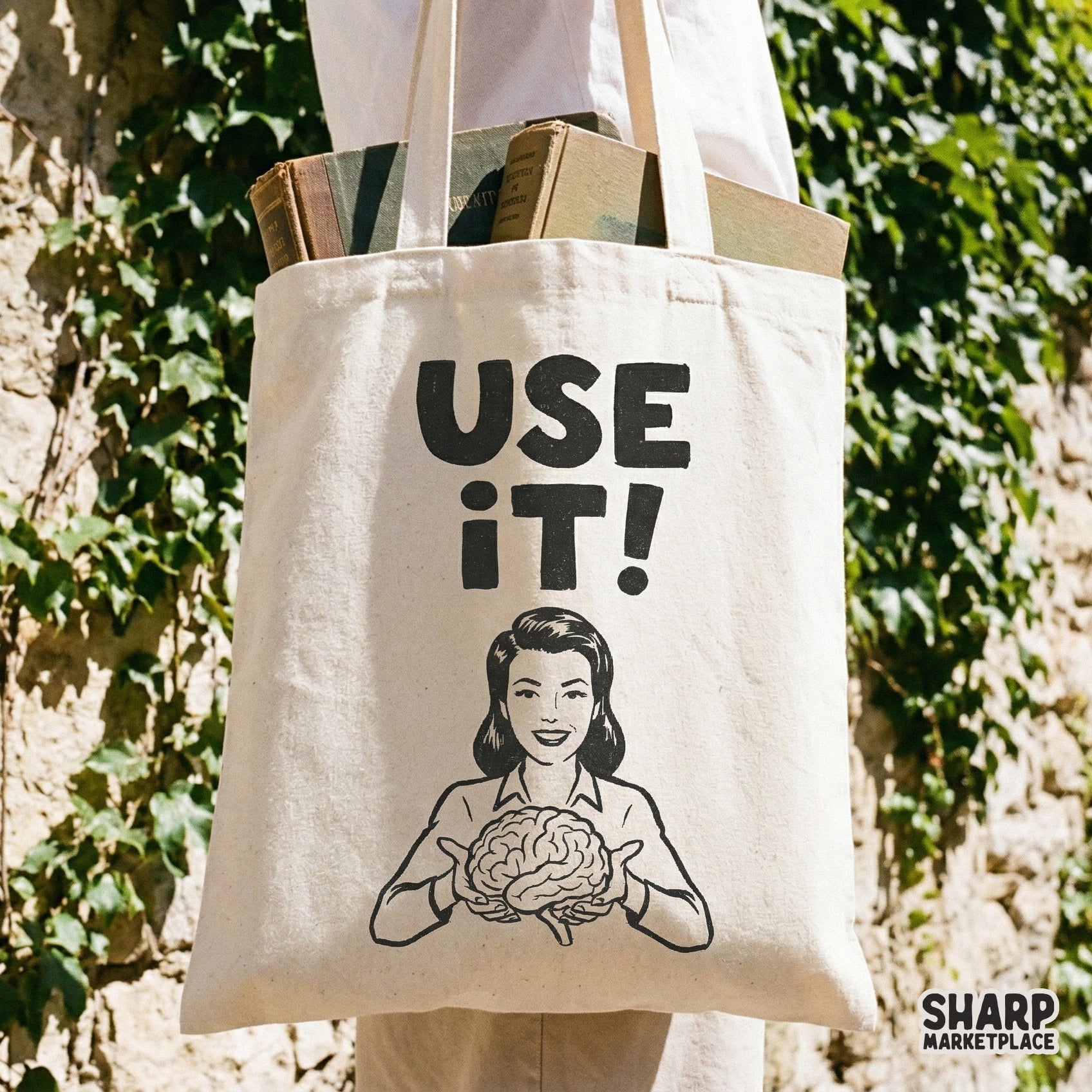 Funny retro-style graphic design featuring a woman holding a brain with the words Use It! suitable for teacher appreciation shirts and DIY projects.