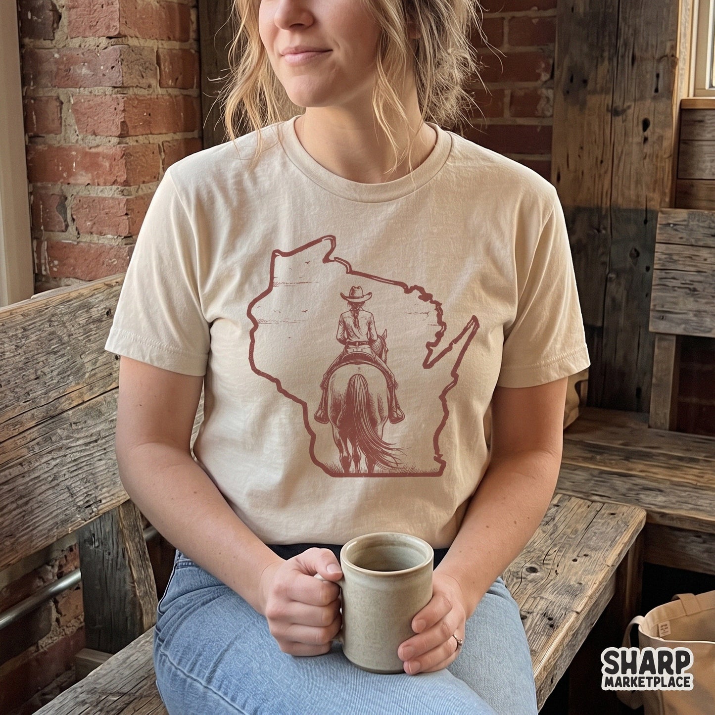Retro Wisconsin state map with a cowboy and horseback rider for western sublimation shirts