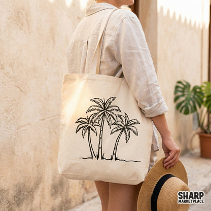 A minimalist coastal palm tree line art design displayed on a canvas tote bag, perfect for tropical-themed DIY crafts and summer fashion.