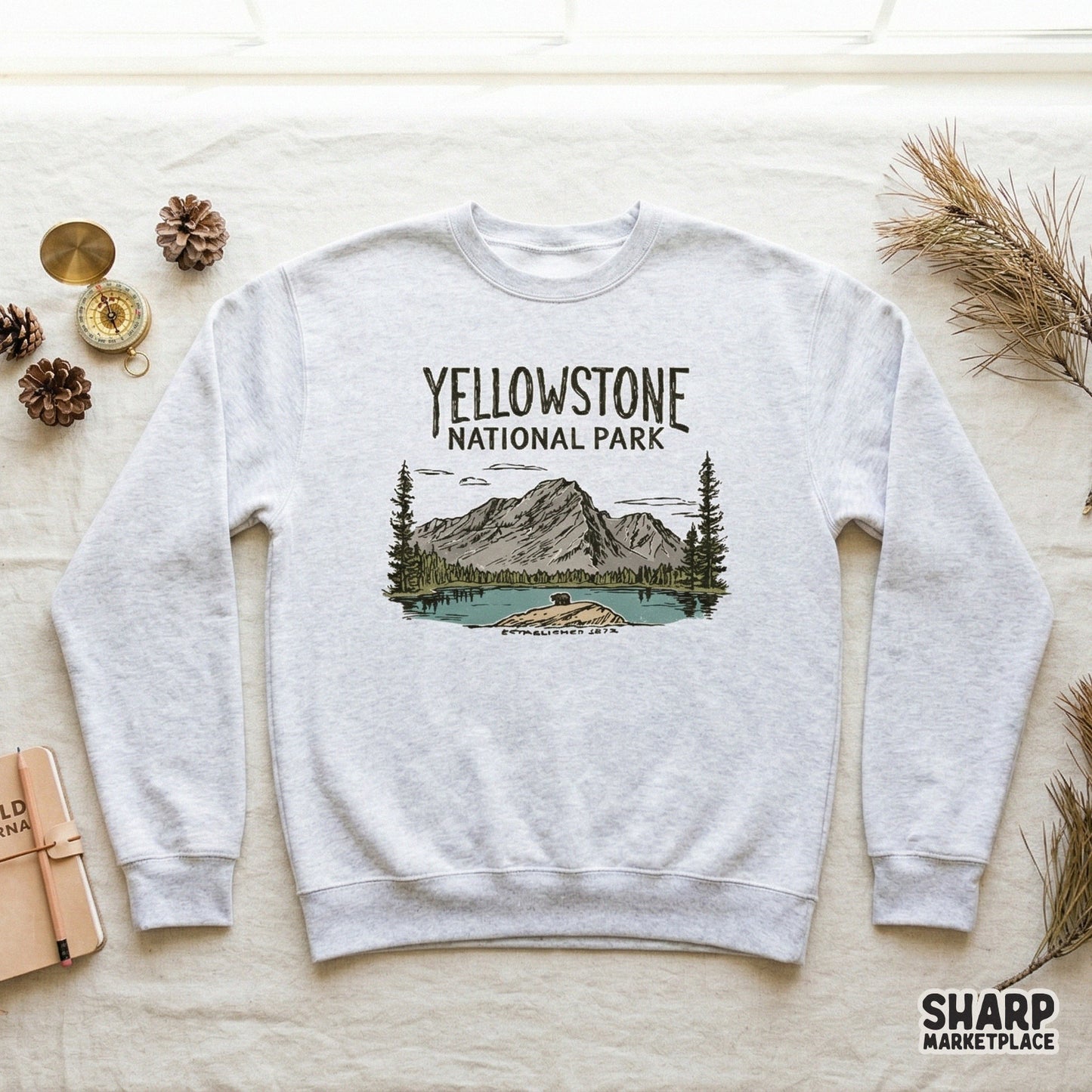 Rustic wilderness illustration with rugged peaks and a forest, designed for DIY projects like custom shirts, stickers, or outdoor-themed souvenirs.