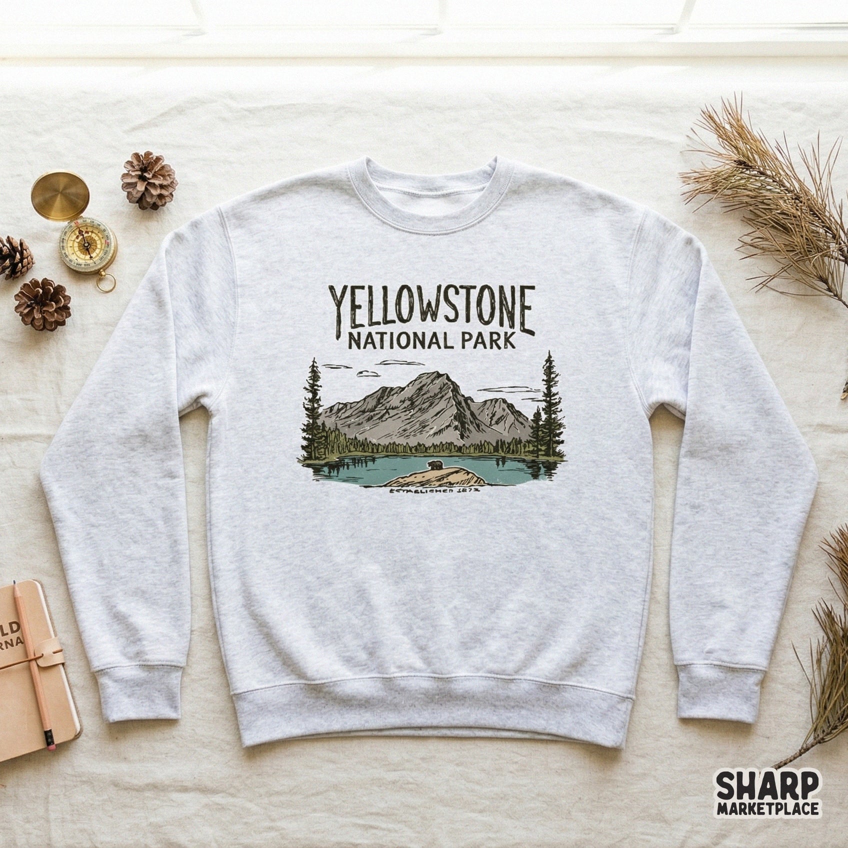 Rustic wilderness illustration with rugged peaks and a forest, designed for DIY projects like custom shirts, stickers, or outdoor-themed souvenirs.