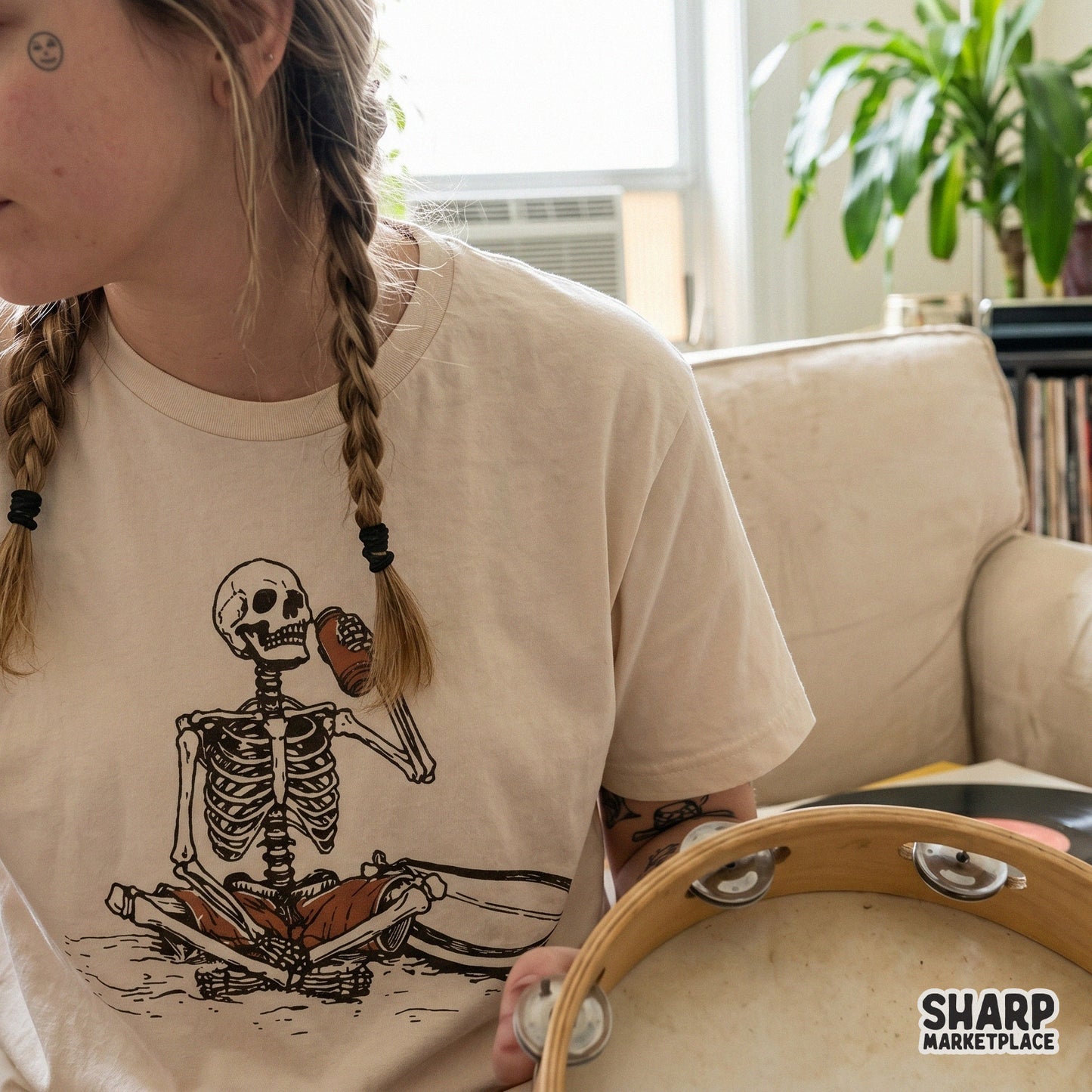 Detailed hand-drawn skeleton relaxing on the beach with a surfboard and tropical drink, ideal for sublimation, stickers, and custom apparel.