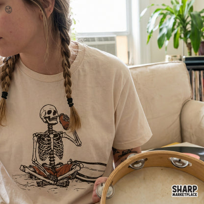 Detailed hand-drawn skeleton relaxing on the beach with a surfboard and tropical drink, ideal for sublimation, stickers, and custom apparel.