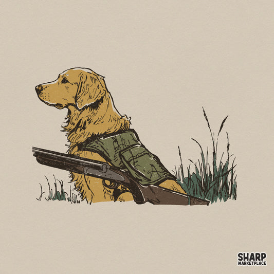 Vintage style illustration of a Golden Retriever wearing a green hunting vest next to a shotgun, perfect for western apparel and sublimation.