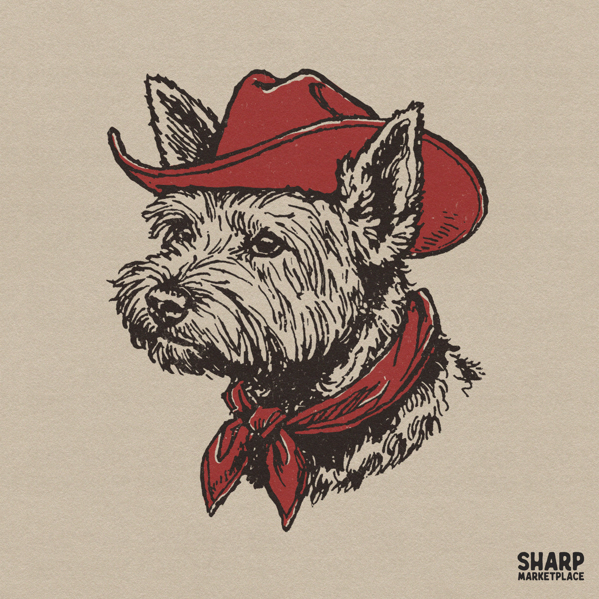 Vintage woodcut style illustration of a terrier wearing a red cowboy hat and matching bandana, perfect for western-themed sublimation and apparel.