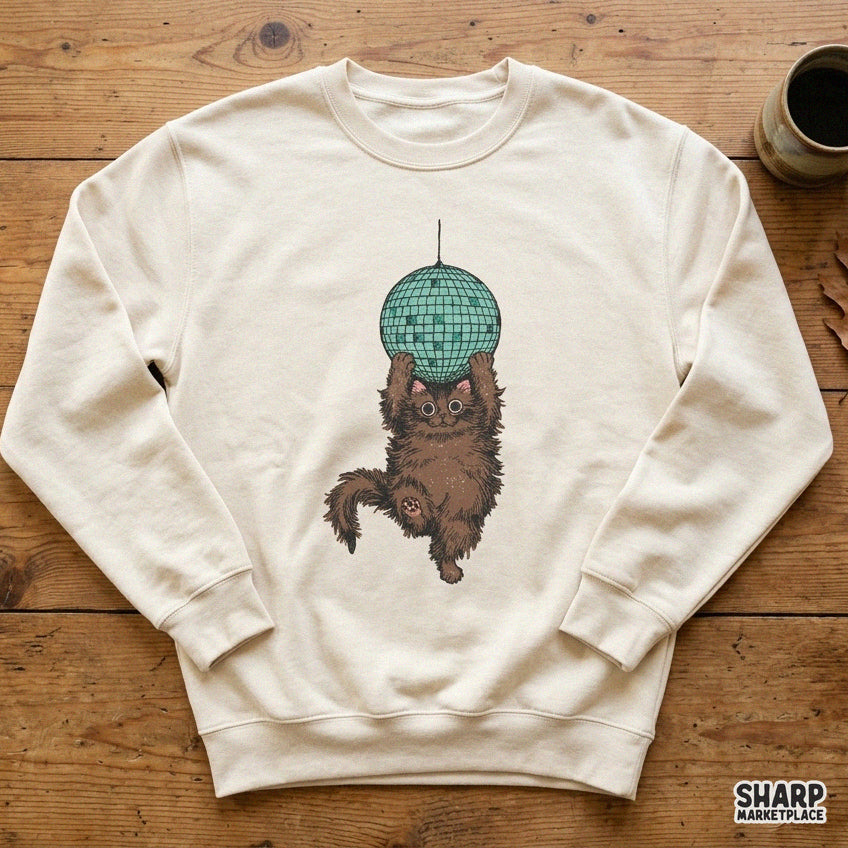 Fluffy Brown Cat On Disco Ball Trendy Png, Funky Kitten