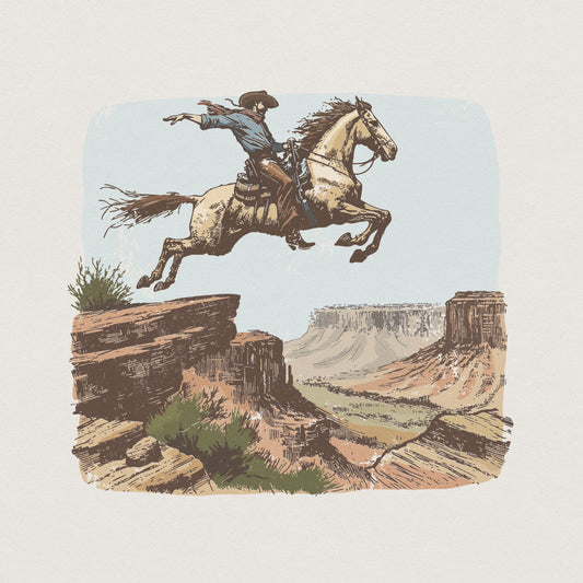 Cowboy Leaping Canyon PNG, Western Horse Art - 300 DPI Design for T-Shirt