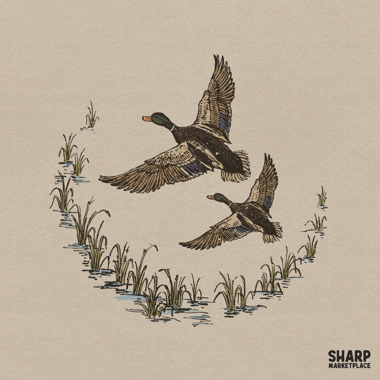 Two mallard ducks in flight over a crescent of marsh grass, detailed hand-drawn style for hunting apparel and outdoor sublimation projects.
