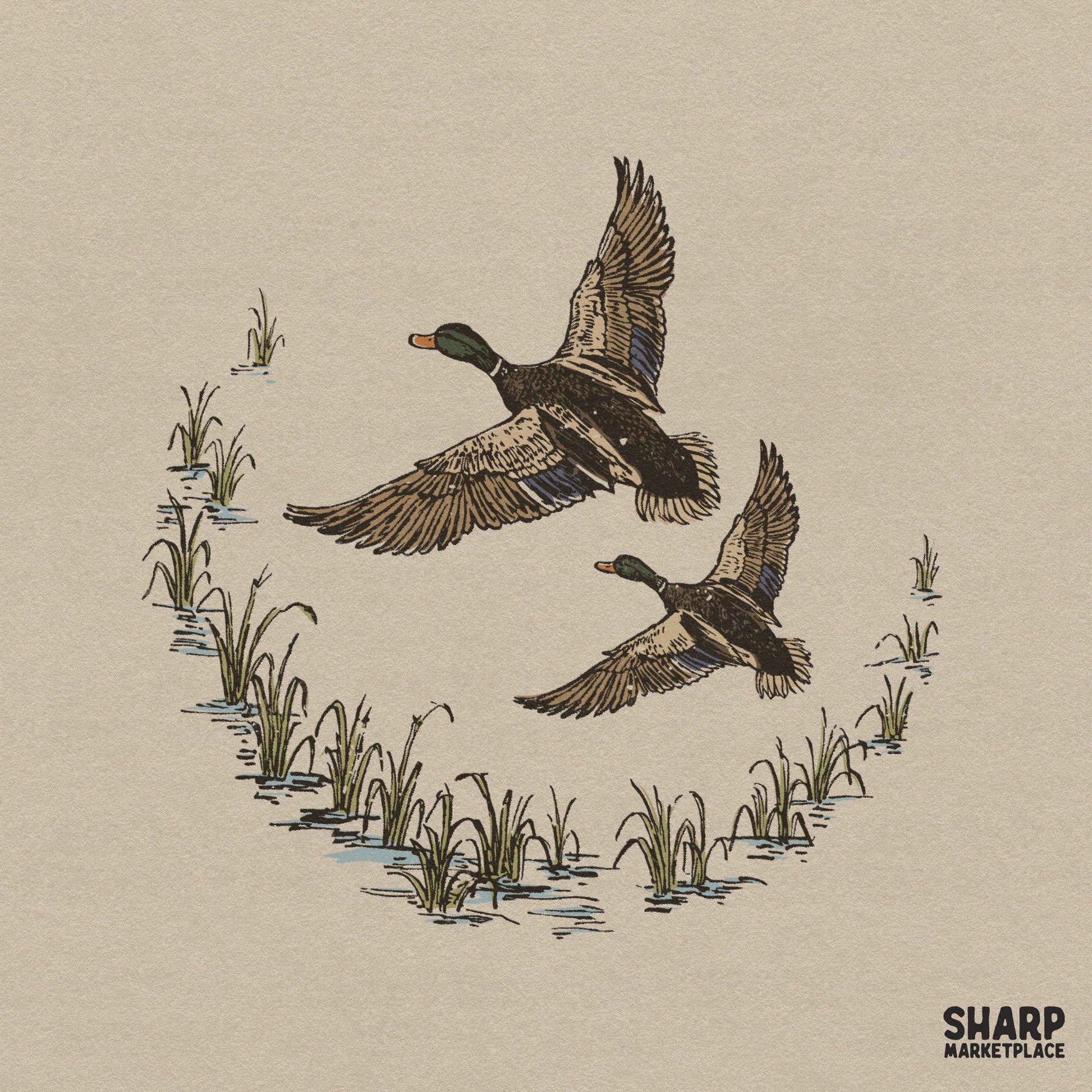 Two mallard ducks in flight over a crescent of marsh grass, detailed hand-drawn style for hunting apparel and outdoor sublimation projects.