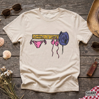 Vintage coastal cowgirl pink bikini on a wall rack for summer western shirts and sublimation PNG projects