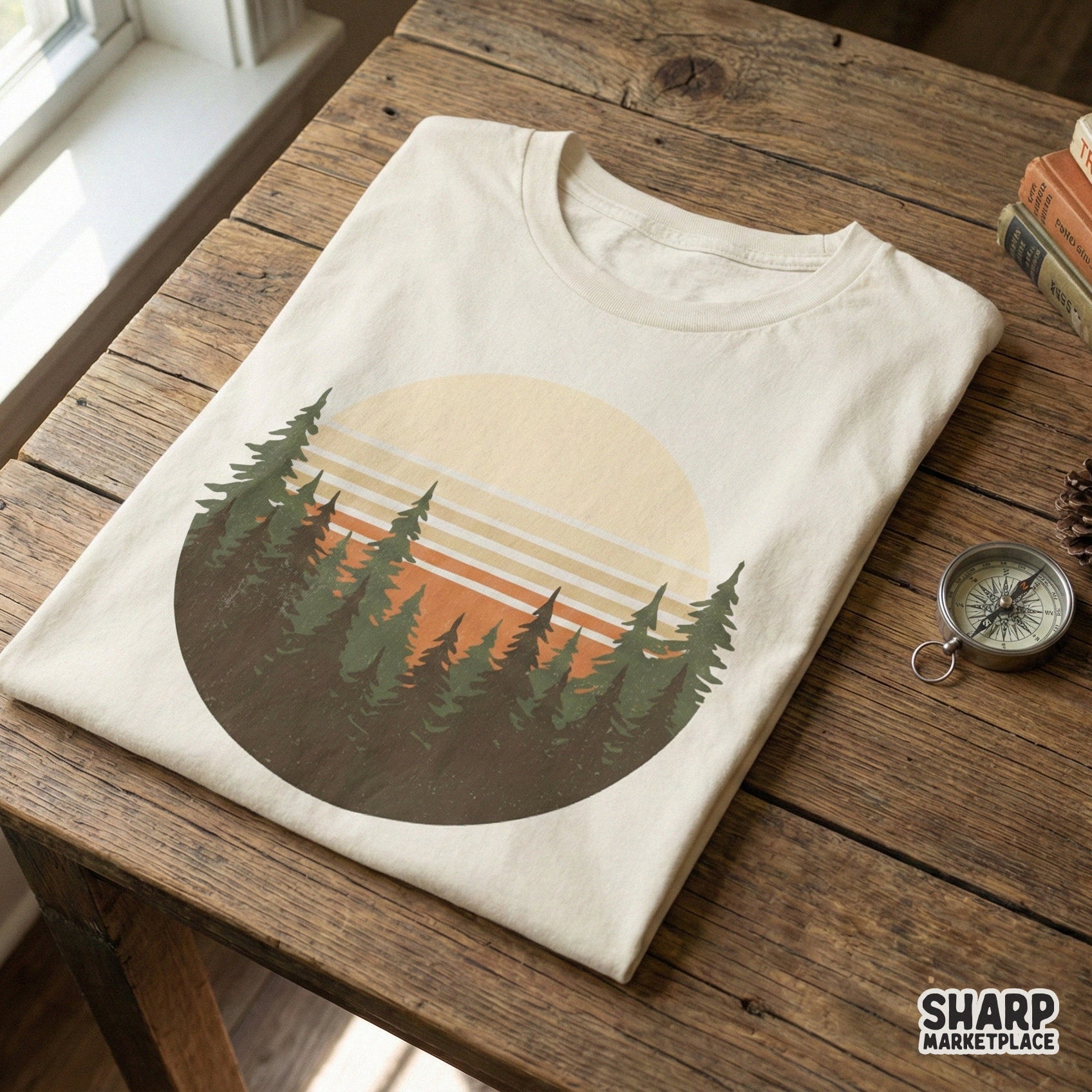 Retro forest landscape PNG with distressed evergreen tree silhouettes and a warm sunset horizon, perfect for custom apparel and DIY camping shirts.
