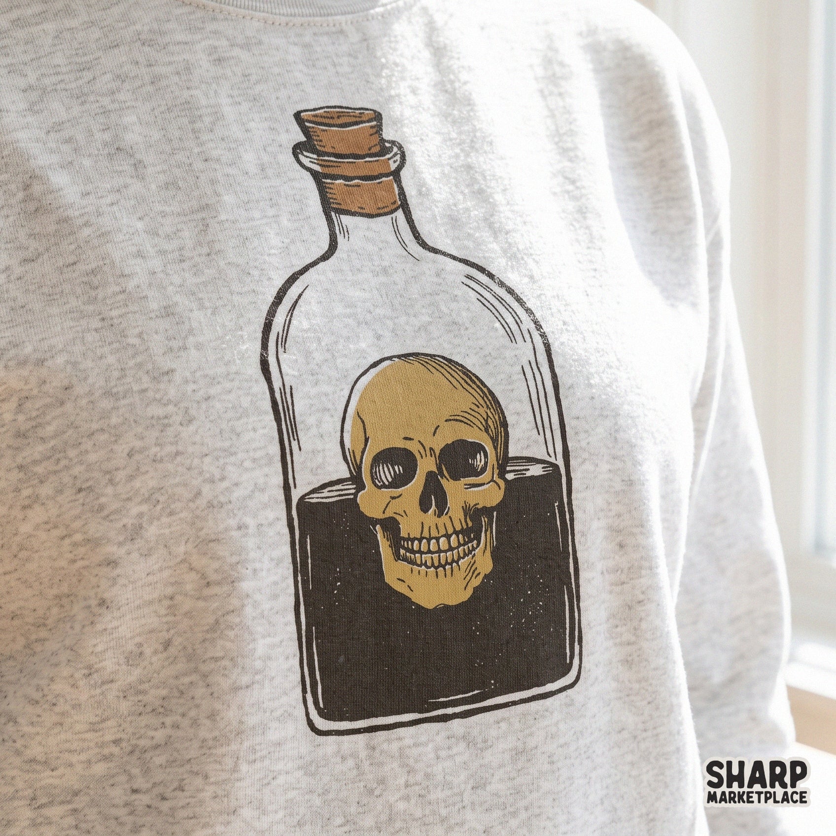 Retro skull poison potion bottle illustration for Halloween sublimation shirts and spooky season decor designs