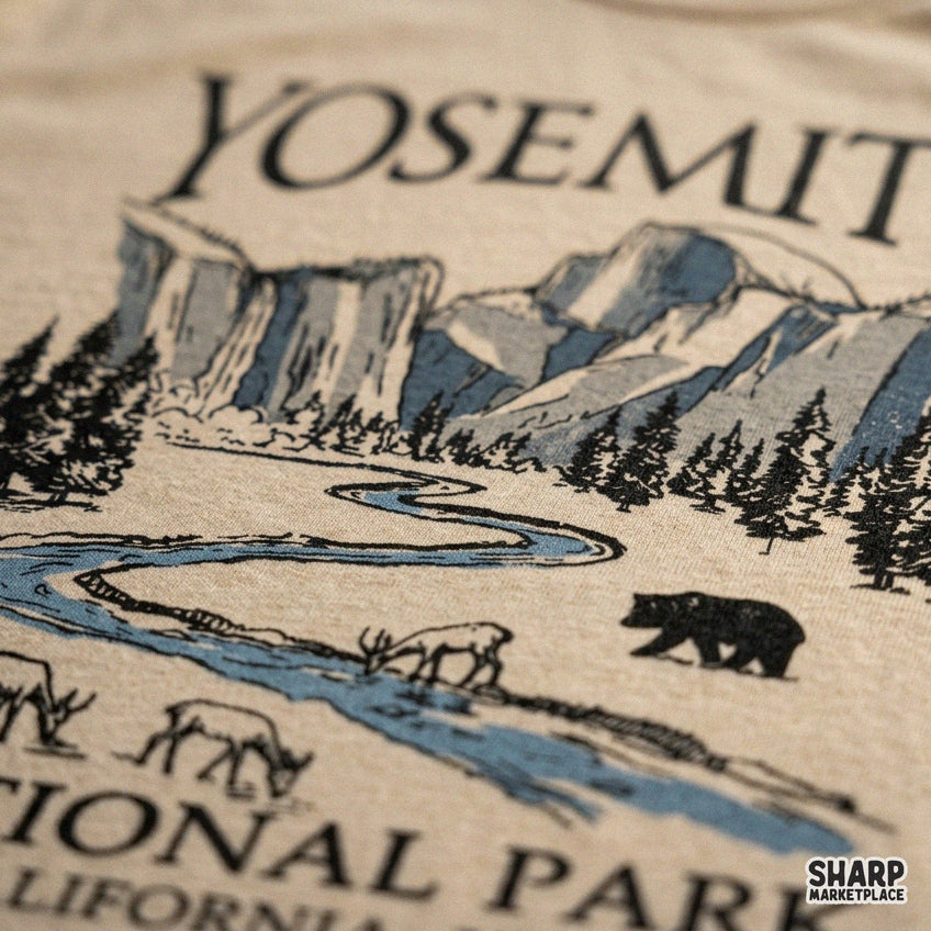 Retro Yosemite National Park PNG graphic featuring a bear and outdoor camping design for trendy t-shirts
