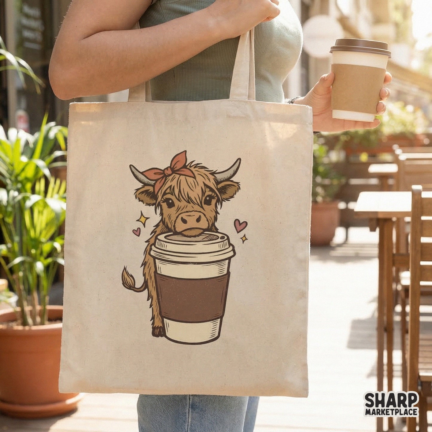 Boho style highland cow graphic with a coffee cup, ideal for creating custom coffee lover tumblers, stickers, and rustic home decor items.