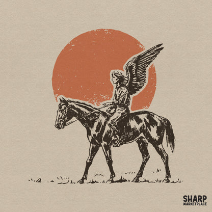 Retro western digital design featuring a cowboy with angel wings riding a horse against a distressed orange sun, ideal for sublimation and apparel.