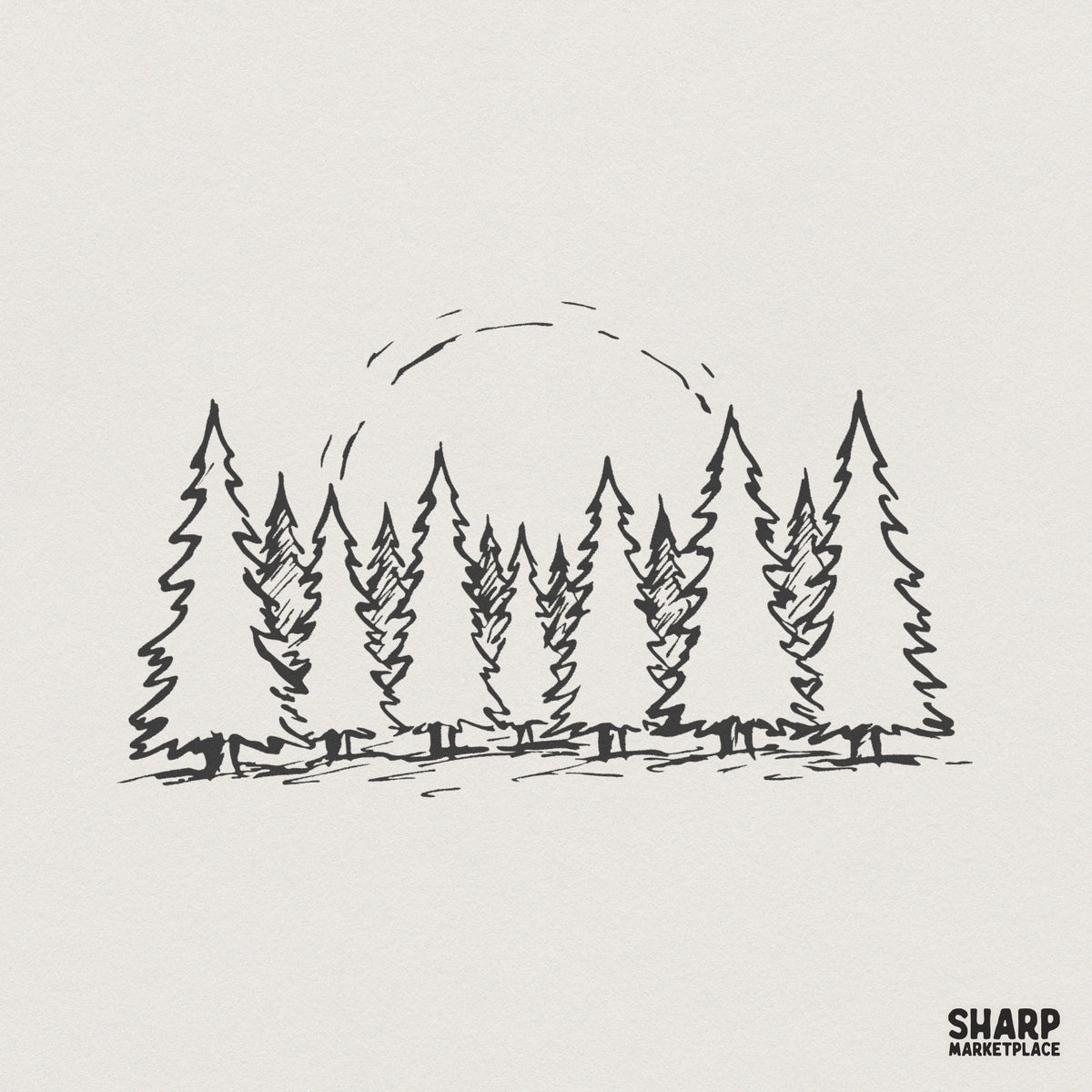 Minimalist hand-drawn pine tree forest illustration with a simple sun arc, rendered in black line art on a neutral background for nature-themed projects.