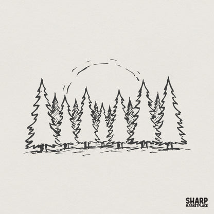 Minimalist hand-drawn pine tree forest illustration with a simple sun arc, rendered in black line art on a neutral background for nature-themed projects.