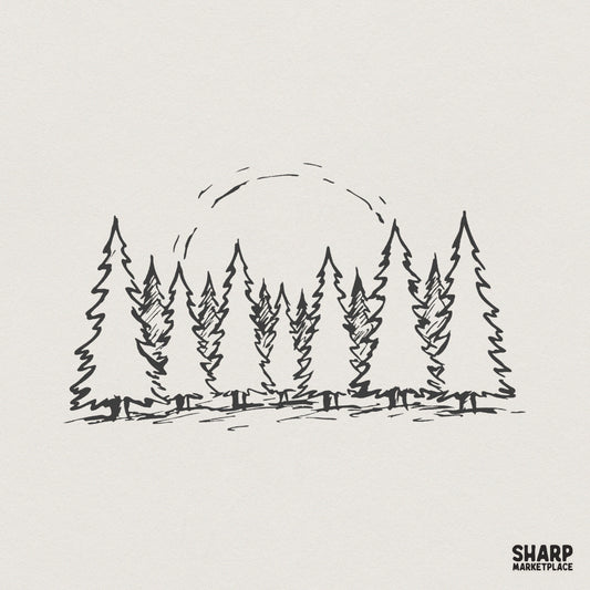 Hand Drawn Pine Tree Forest PNG, Minimalist Nature Shirt Design - 300 DPI