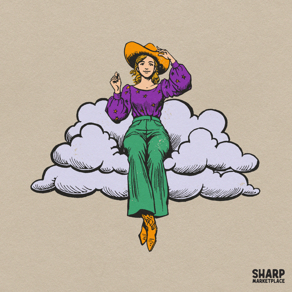 Whimsical Cowgirl Sitting On Fluffy Cloud, Trendy Retro