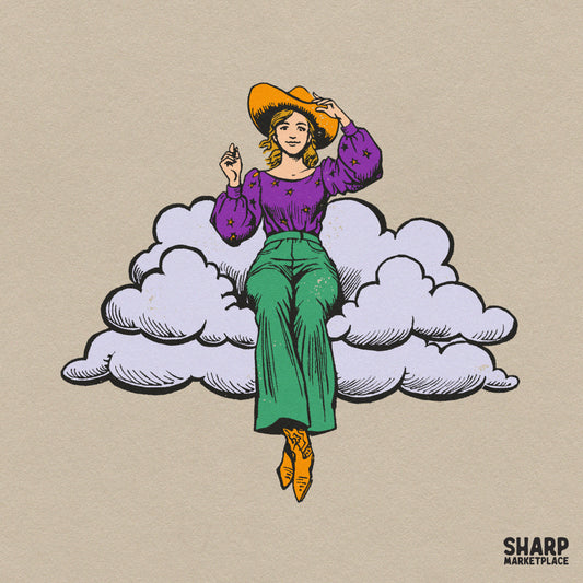 Whimsical Cowgirl Sitting On Fluffy Cloud, Trendy Retro