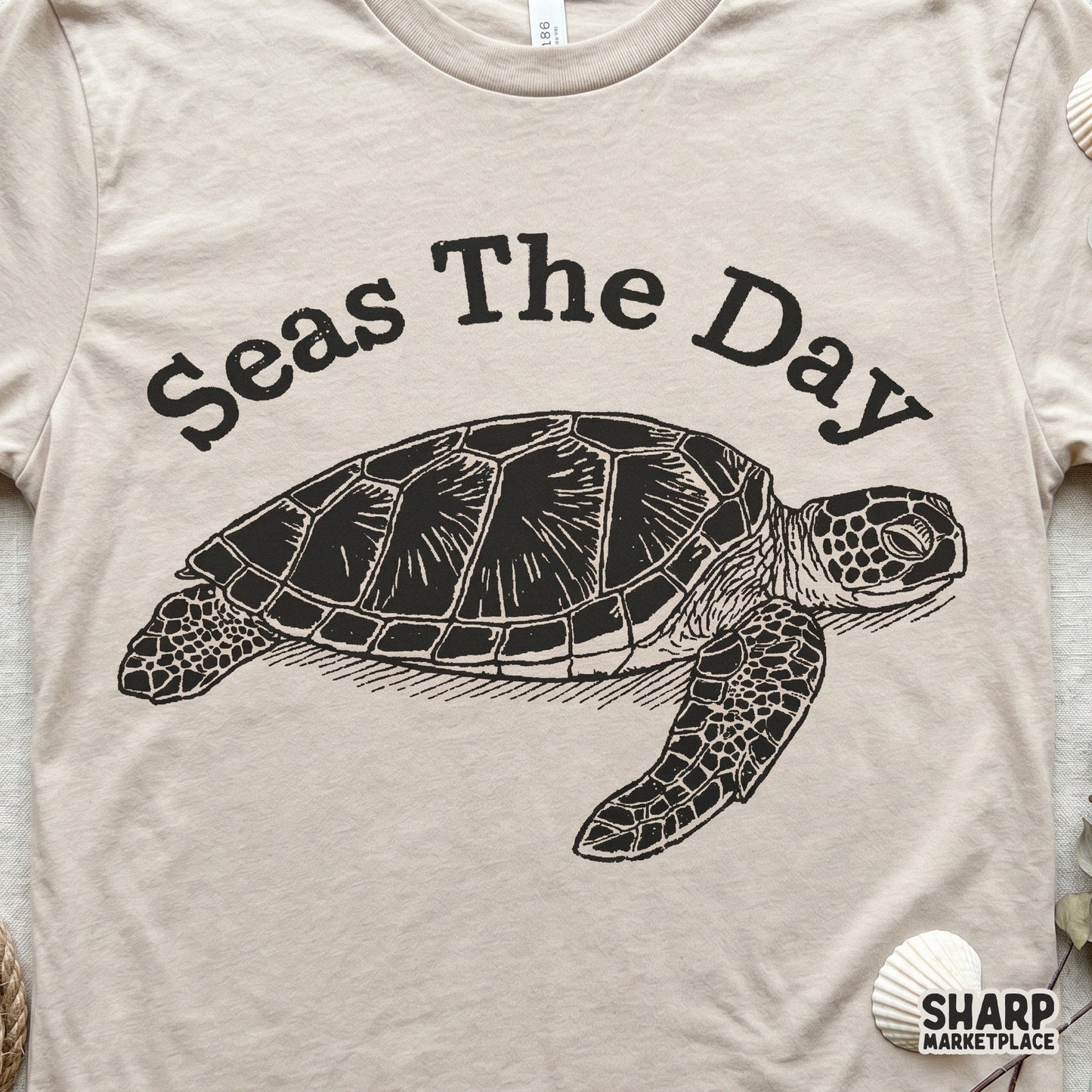 Seas The Day funny sea turtle pun PNG for summer beach stickers and coastal ocean life sublimation apparel designs