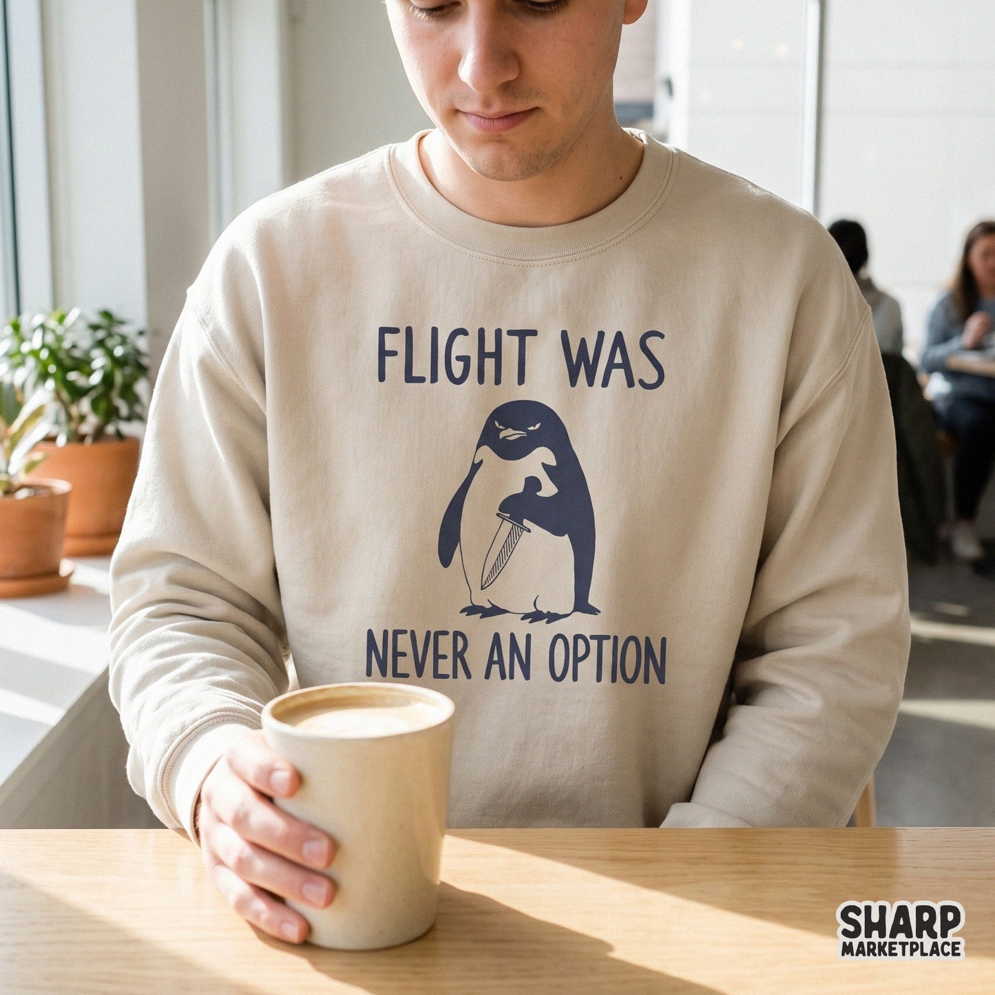 Funny sarcastic hostile penguin holding a knife meme retro sublimation PNG design for custom t-shirts and tumblers