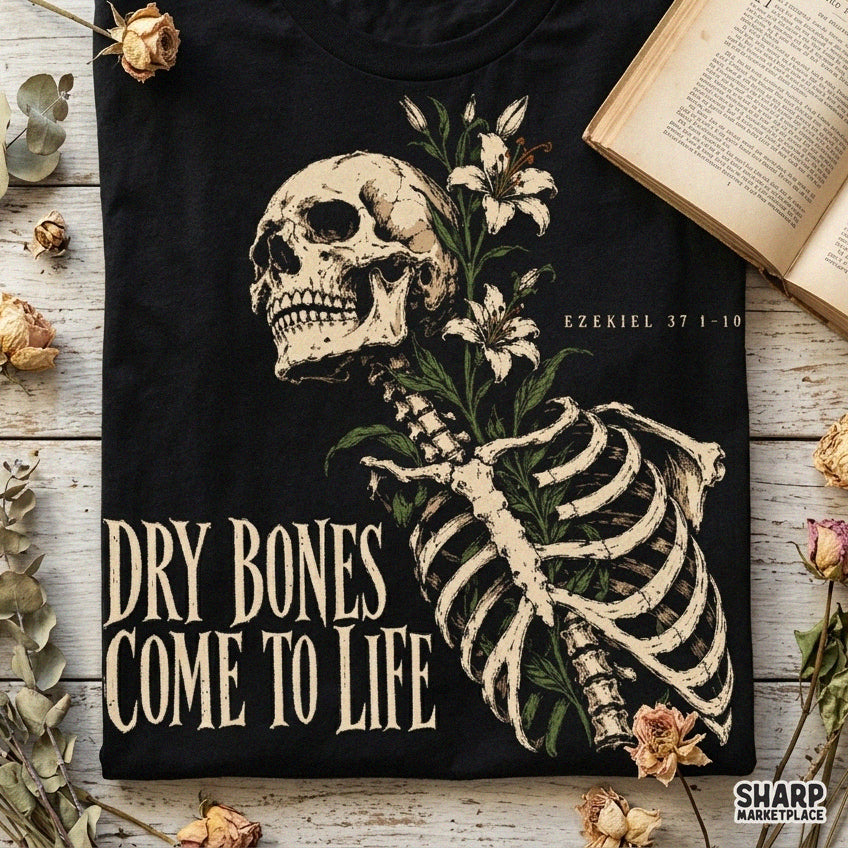 Floral skeleton dry bones Ezekiel 37 Bible verse Christian shirt PNG design for Halloween faith apparel