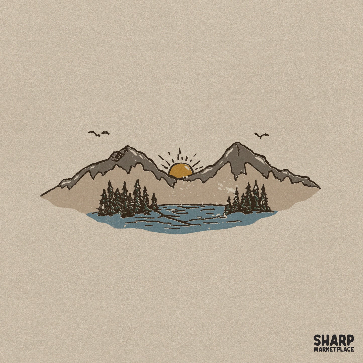 Retro mountain lake landscape PNG featuring a golden sun rising between two muted brown peaks above a pine forest and blue water for camping shirts.