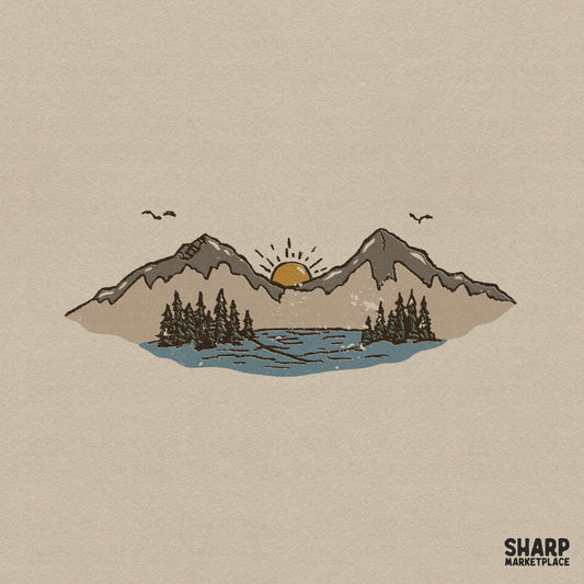 Retro mountain lake landscape PNG featuring a golden sun rising between two muted brown peaks above a pine forest and blue water for camping shirts.