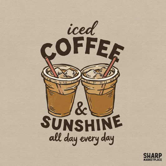 Retro iced coffee and sunshine quote design featuring two plastic cups with ice and red straws, perfect for summer sublimation and apparel.