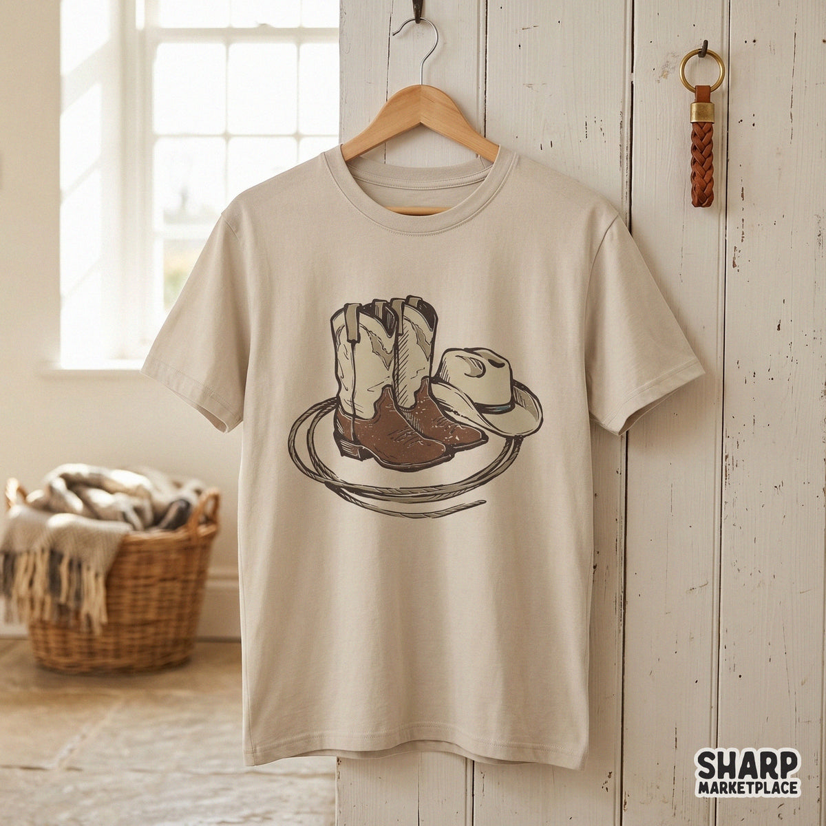 Rustic cowboy boots and ranch hat graphic inside a circular lasso rope, perfect for western-themed apparel, DTF transfers, or custom stickers.