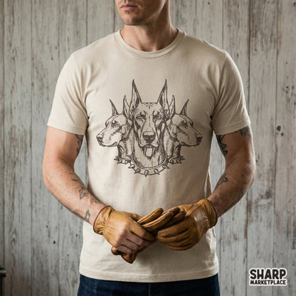 A digital design of three Doberman heads wearing spiked collars displayed on a beige t-shirt, featuring a gritty, hand-drawn ink sketch aesthetic.