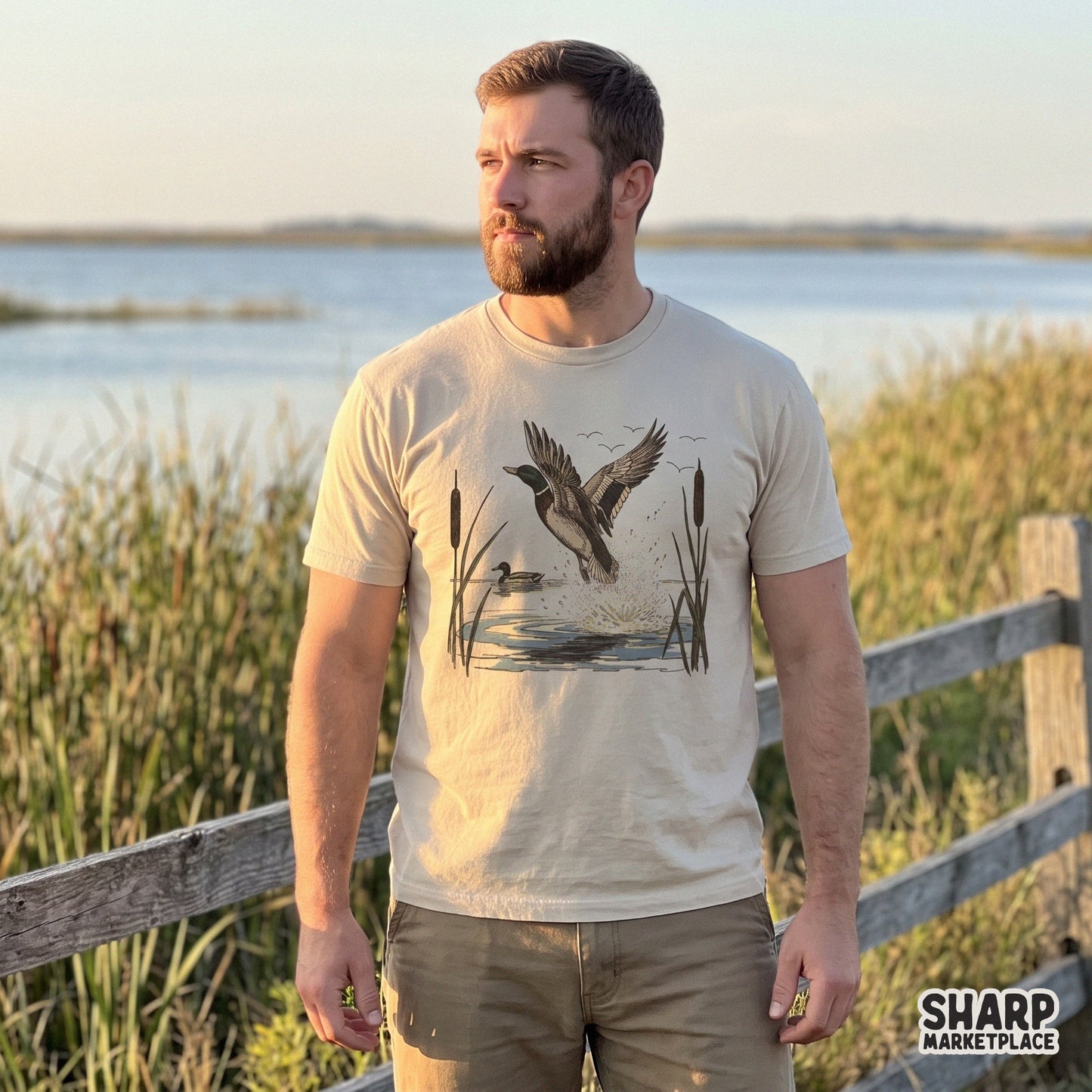 Retro sublimation design of a mallard duck taking flight from a lake with cattails for fall hunting apparel