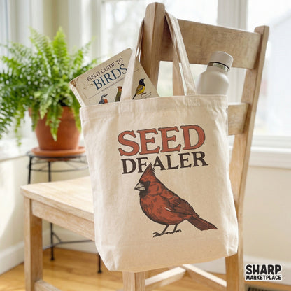 Funny cardinal bird seed dealer graphic in a retro spring animal meme style for custom t-shirts and tumblers