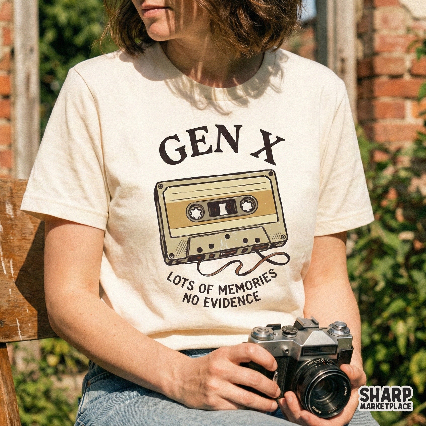 Digital apparel design showing a retro cassette tape illustration with the text Gen X and Lots of Memories No Evidence for sublimation or t-shirt printing.