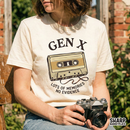 Digital apparel design showing a retro cassette tape illustration with the text Gen X and Lots of Memories No Evidence for sublimation or t-shirt printing.