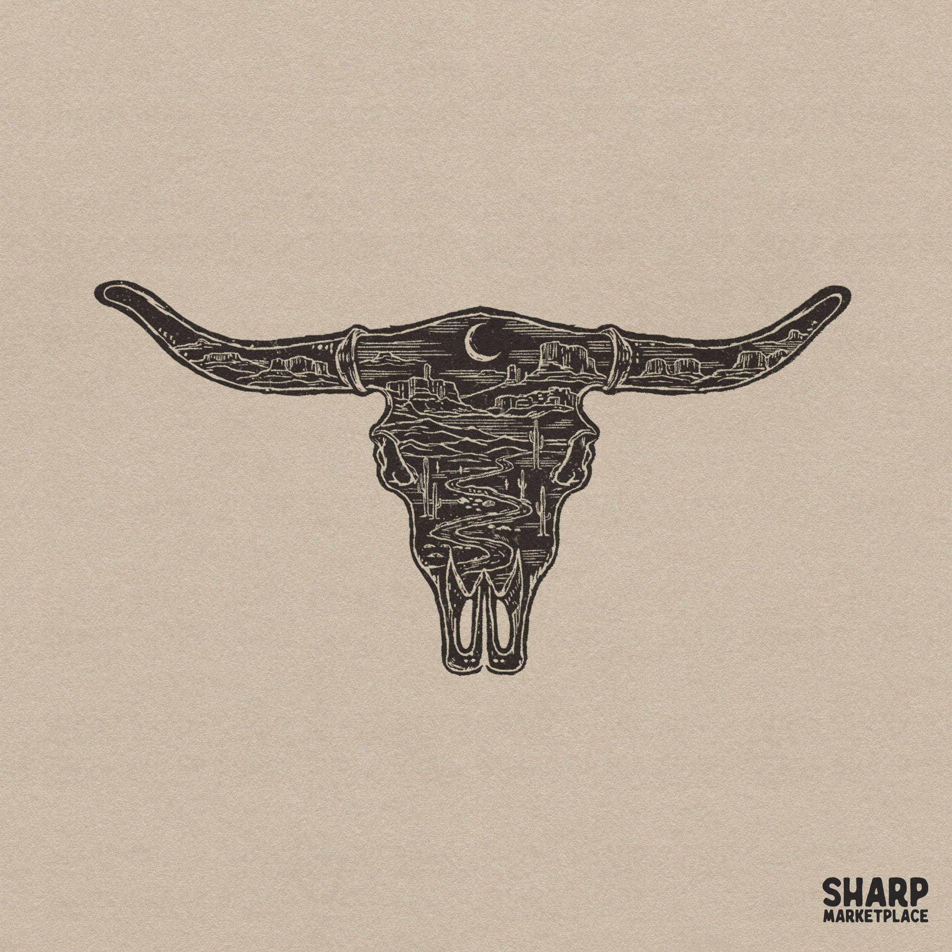 Vintage bull skull with desert landscape illustration for western PNG digital downloads and cowboy apparel designs