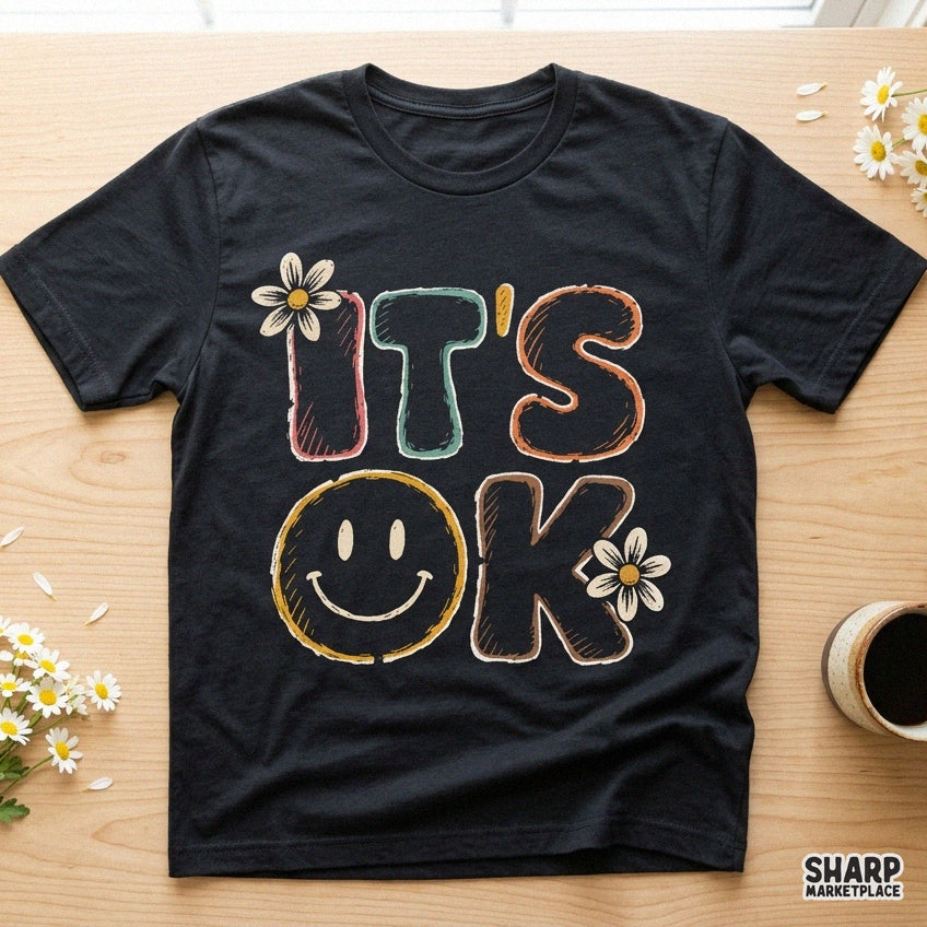 Retro 70s groovy smiley face with daisies positive mental health PNG graphic for t-shirts and sublimation