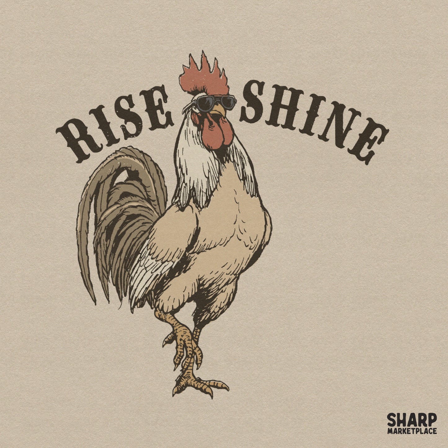 Funny rooster wearing sunglasses with Rise Shine text in a retro western style for country music sublimation shirts