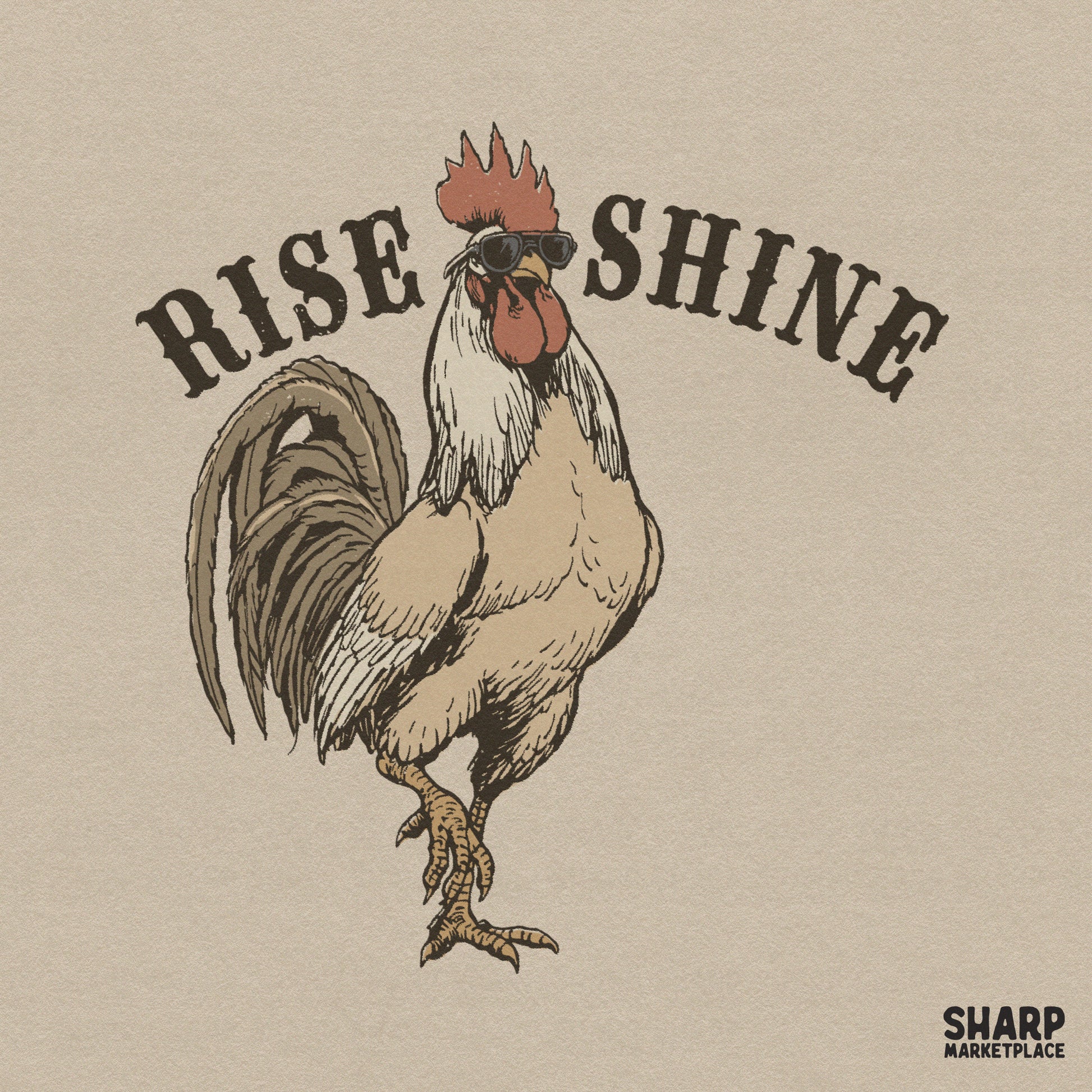 Funny rooster wearing sunglasses with Rise Shine text in a retro western style for country music sublimation shirts